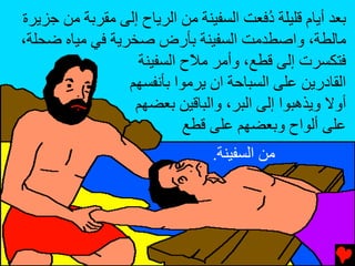 ‫ﺑﻌﺪ أﻳﺎم ﻗﻠﻴﻠﺔ ُﻓﻌﺖ اﻟﺴﻔﻴﻨﺔ ﻡﻦ اﻟﺮﻳﺎح إﻟﻰ ﻡﻘﺮﺑﺔ ﻡﻦ ﺟﺰﻳﺮة‬
                                         ‫د‬
‫ﻡﺎﻟﻄﺔ، واﺻﻄﺪﻡﺖ اﻟﺴﻔﻴﻨﺔ ﺑﺄرض ﺻﺨﺮﻳﺔ ﻓﻲ ﻡﻴﺎﻩ ﺿﺤﻠﺔ،‬
                  ‫ﻓﺘﻜﺴﺮت إﻟﻰ ﻗﻄﻊ، وأﻡﺮ ﻡ ّح اﻟﺴﻔﻴﻨﺔ‬
                            ‫ﻼ‬
                 ‫اﻟﻘﺎدرﻳﻦ ﻋﻠﻰ اﻟﺴﺒﺎﺣﺔ ان ﻳﺮﻡﻮا ﺑﺄﻧﻔﺴﻬﻢ‬
                  ‫أوﻻ وﻳﺬهﺒﻮا إﻟﻰ اﻟﺒﺮ، واﻟﺒﺎﻗﻴﻦ ﺑﻌﻀﻬﻢ‬
                           ‫ﻋﻠﻰ أﻟﻮاح وﺑﻌﻀﻬﻢ ﻋﻠﻰ ﻗﻄﻊ‬
                                 ‫ﻡﻦ اﻟﺴﻔﻴﻨﺔ.‬
 