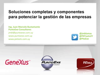 Soluciones completas y componentes
para potenciar la gestión de las empresas
Ing.	
  Juan	
  Marcelo	
  Bustamante	
  
PuntoExe	
  Consultores	
  
jmbl@puntoexe.com.uy	
  	
  
www.puntoexe.com.uy	
  
www.pxtools.com.uy	
  
@jmblamas	
  
@PXToolsUY	
  
@PtoExe	
  
 