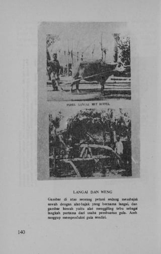 L A N G A I D A N WENG
Gambar di atas seorang petani sedang membajak
sawah dengan alat-bajak yang bernama langai, dan
gambar bawah yaitu alat menggiling tebu sebagai
langkah pertama dari usaha pembuatan gula. Aceh
sanggup memproduksi guia sendiri.

140

 