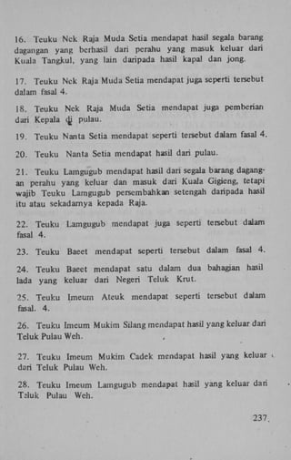 16. Teuku Nek Raja Muda Setia mendapat hasil segala barang
dagangan yang berhasil dari perahu yang masuk keluar dari
Kuala Tangkul, yang lain daripada hasil kapal dan jong.
17. Teuku Nek Raja Muda Setia mendapat juga seperti tersebut
dalam fasal 4.
18. Teuku Nek Raja Muda Setia mendapat juga pemberian
dari Kepala dj pulau.
19. Teuku Nanta Setia mendapat seperti tersebut dalam fasal 4.
20. Teuku

Nanta Setia mendapat hasil dari pulau.

21. Teuku Lamgugub mendapat hasil dari segala barang dagangan perahu yang keluar dan masuk dari Kuala Gigieng, tetapi
wajib Teuku Lamgugub persembahkan setengah daripada hasil
itu atau sekadarnya kepada Raja.
22. Teuku
fasal 4.

Lamgugub mendapat juga seperti tersebut dalam

23. Teuku

Baeet mendapat seperti tersebut dalam

fasal 4.

24. Teuku Baeet mendapat satu dalam dua bahagian hasil
lada yang keluar dari Negeri Teluk Krut.
25. Teuku
fasal. 4.

Imeum

Ateuk mendapat seperti tersebut dalam

26. Teuku Imeum Mukim Silang mendapat hasil yang keluar dari
Teluk Pulau Weh.
27. Teuku Imeum Mukim Cadek mendapat hasil yang keluar t.
dari Teluk Pulau Weh.
28. Teuku Imeum Lamgugub mendapat hasil yang keluar dari
Tduk Pulau Weh.
237.

 