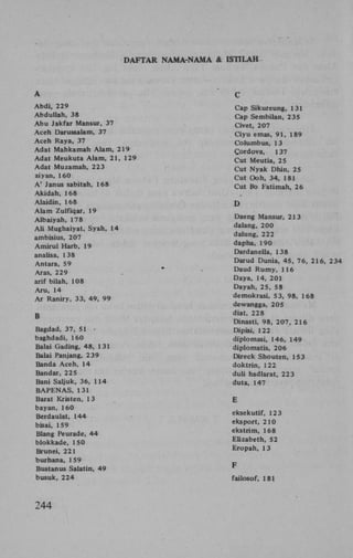 D A F T A R N A M A - N A M A & ISTILAH

A

C

A b d i , 229
Abduliah, 38
Abu Jakfar Mansur, 37
Aceh Darussalam, 37
Aceh Raya, 37
Adat Mahkamah A l a m , 219
Adat Meukuta A l a m , 21, 129
Adat Muzamah, 223
aiyan, 160
A ' Janus sabitah, 168
Akidah, 168
Alaidin, 168
A l a m Zulfiqar, 19
Albaiyah, 178
A l i Mughaiyat, Syah, 14
ambisius, 207
A m i r u l Harb, 19
analisa, 138
Antara, 59
Aras, 229
arif bilah, 108
A r u , 14

Cap Sikureung, 131
Cap Sembilan, 235
Civet, 207
C i y u emas, 91, 189
Columbus, 13
Cordova,
137
Cut Meutia, 25
Cut Nyak Dhin, 25
Cut Ooh, 34, 181
Cut Bo Fatimah, 26

A r Raniry, 33, 49, 99
B
Bagdad, 37, 51 baghdadi, 160
Balai Gading, 48, 131
Balai Panjang, 239
Banda Aceh, 14
Bandar, 225
Bani Saljuk, 36, 114
B A P E N A S , 131
Barat Kristen, 13
bayan, 160
Berdaulat, 144
bisai, 159
Blang Peurade, 44
blokkade, 150
Brunei, 221
burhana, 159
Bustanus Salatin, 49
busuk, 224

244

D
Daeng Mansur, 213
dalang, 200
dalung, 222
dapha, 190
Dardanella, 138
Darud Dunia, 45, 76, 216, 234
Daud Rumy, 116
Daya, 14, 201
Dayah, 25, 58
demokrasi, 5 3, 98, 168
dewangga, 205
diat, 228
Dinasti, 98, 207, 216
Dipisi, 122
diplomasi, 146, 149
diplomatis, 206
Direck Shouten, 153
doktrin, 122
duli hadlarat, 223
duta, 147
E
eksekutif, 123
eksport, 210
ekstrim, 168
Elizabeth, 52
Eropah, 13

F
failosof, 181

 