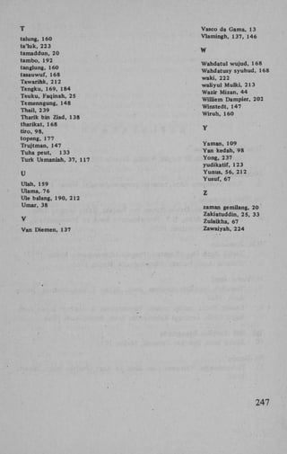 T
talung, 160
ta'luk, 223
tamaddun, 20
tambo, 192
tanglung, 160
tasauwuf, 168
Tawarihk, 212
Tengku, 169, 184
Teuku, Faqinah, 25
Temenngung, 148
Thail, 239
Tharik bin Ziad, 138
tharikat, 168
tiro, 98,
topeng, 177
Trujtman, 147
Tuha peut, 133
Turk Usmaniah, 37, 117
U
Ulah, 159
Ulama, 76
Ule balang, 190, 212
Umar, 38
V
Van Diemen, 137

Vasco da Gama, 13
Vlamingh, 137, 146
W
Wahdatul wujud, 168
Wahdatusy syuhud, 168
waki, 222
waliyul Mulki, 213
Wazir Mizan, 44
Williem Dampier, 202
Winstedt, 147
Wiruh, 160
Y
Yaman, 109
Yan kedah, 98
Yong, 237
yudikatif, 123
Yunus, 56, 212
Yusuf, 67
Z
zaman gemilang, 20
Zakiatuddin, 25, 33
Zulaikha, 67
Zawaiyah, 224

247

 