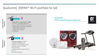 10
HLOSHigh-end
Platforms
RTOSMid-low
Platforms
- Low power hostless 11n DB/SB
- ThreadX on integrated CPU
- Hostless w/ wake manager support
- Application Space of 64-128K
- 10uA ULP state
- Suitable for battery powered devices
- SW R :3.2
- ES: July’14, CS: Sep’ 14
QCA4004
QCA4531
- Energy efficient Linux 2x2/1x1 11n SoC
- Wi-Fi SoC w/ Integrated MIPS CPU
- AllJoyn Always On Standard Core (hub)
- Support higher complexity of application
- 64MB RAM & 16MB Flash
- Industrial tmep support
- In production
Qualcomm® XSPAN™ Wi-Fi portfolio for IoE
QCA4004:
RTOS-based Programmable SoC
QCA4004
 
