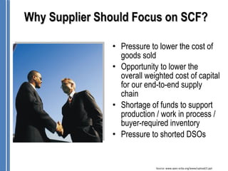 Why Supplier Should Focus on SCF?

               • Pressure to lower the cost of
                 goods sold
               • Opportunity to lower the
                 overall weighted cost of capital
                 for our end-to-end supply
                 chain
               • Shortage of funds to support
                 production / work in process /
                 buyer-required inventory
               • Pressure to shorted DSOs


                            Source: www.apec-ecba.org/www/upload/2.ppt
 