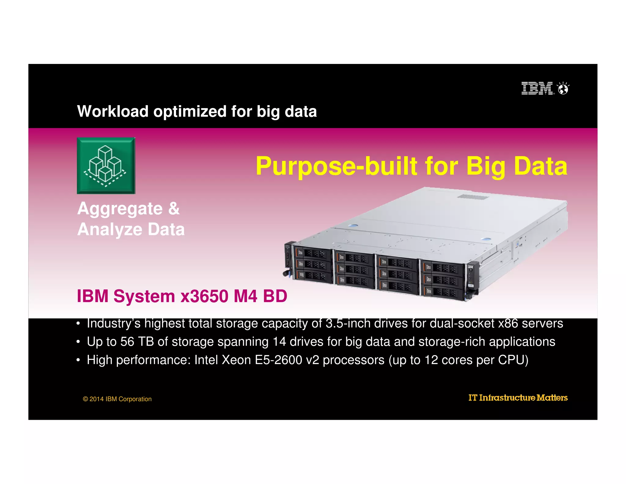 Workload optimized for big data

Purpose-built for Big Data
Aggregate &
Analyze Data

IBM System x3650 M4 BD
• Industry’s highest total storage capacity of 3.5-inch drives for dual-socket x86 servers
• Up to 56 TB of storage spanning 14 drives for big data and storage-rich applications
• High performance: Intel Xeon E5-2600 v2 processors (up to 12 cores per CPU)
© 2014 IBM Corporation

 