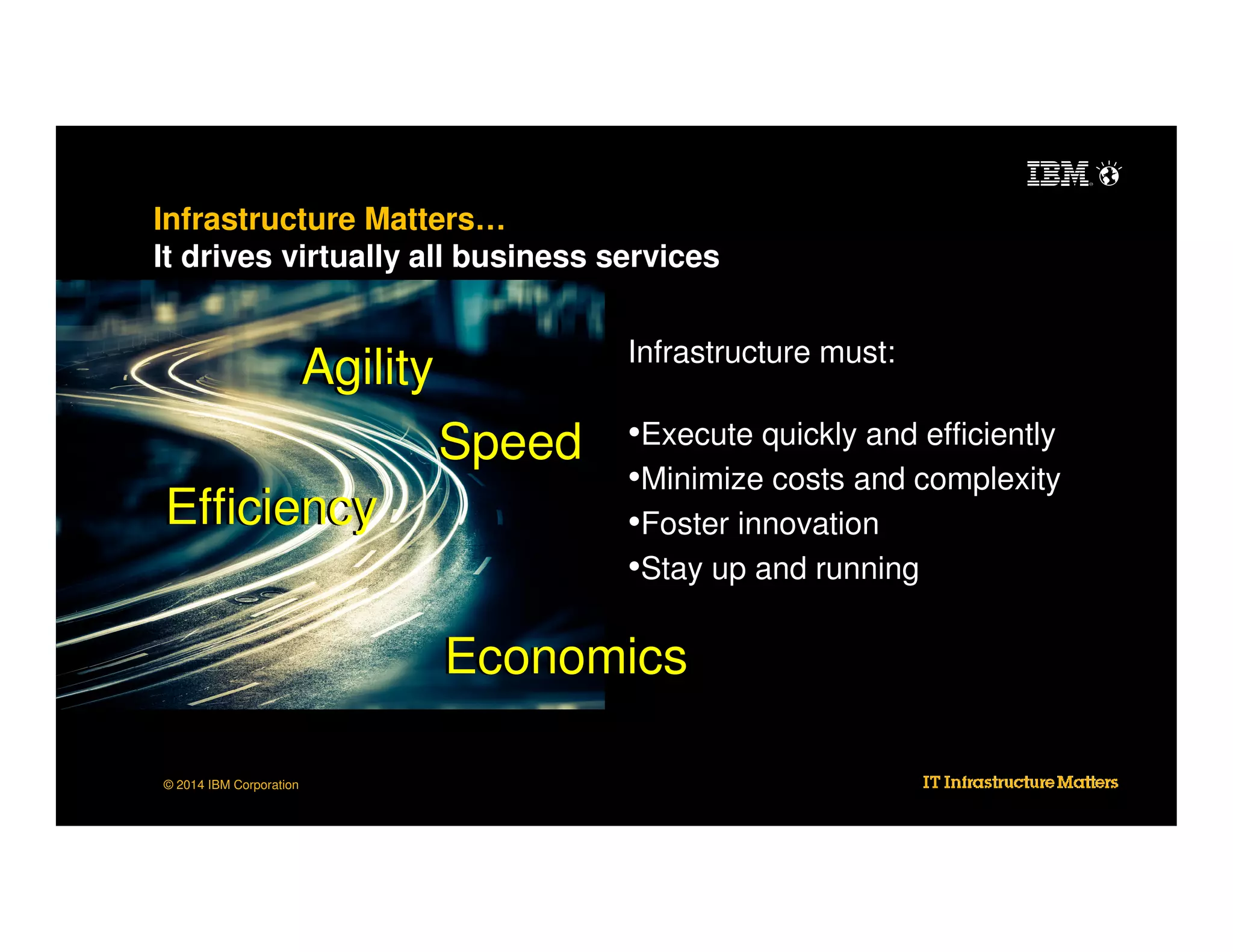 Infrastructure Matters…
It drives virtually all business services
Infrastructure must:

Agility
Speed
Efficiency

•Execute quickly and efficiently
•Minimize costs and complexity
•Foster innovation
•Stay up and running

Economics
© 2014 IBM Corporation

 