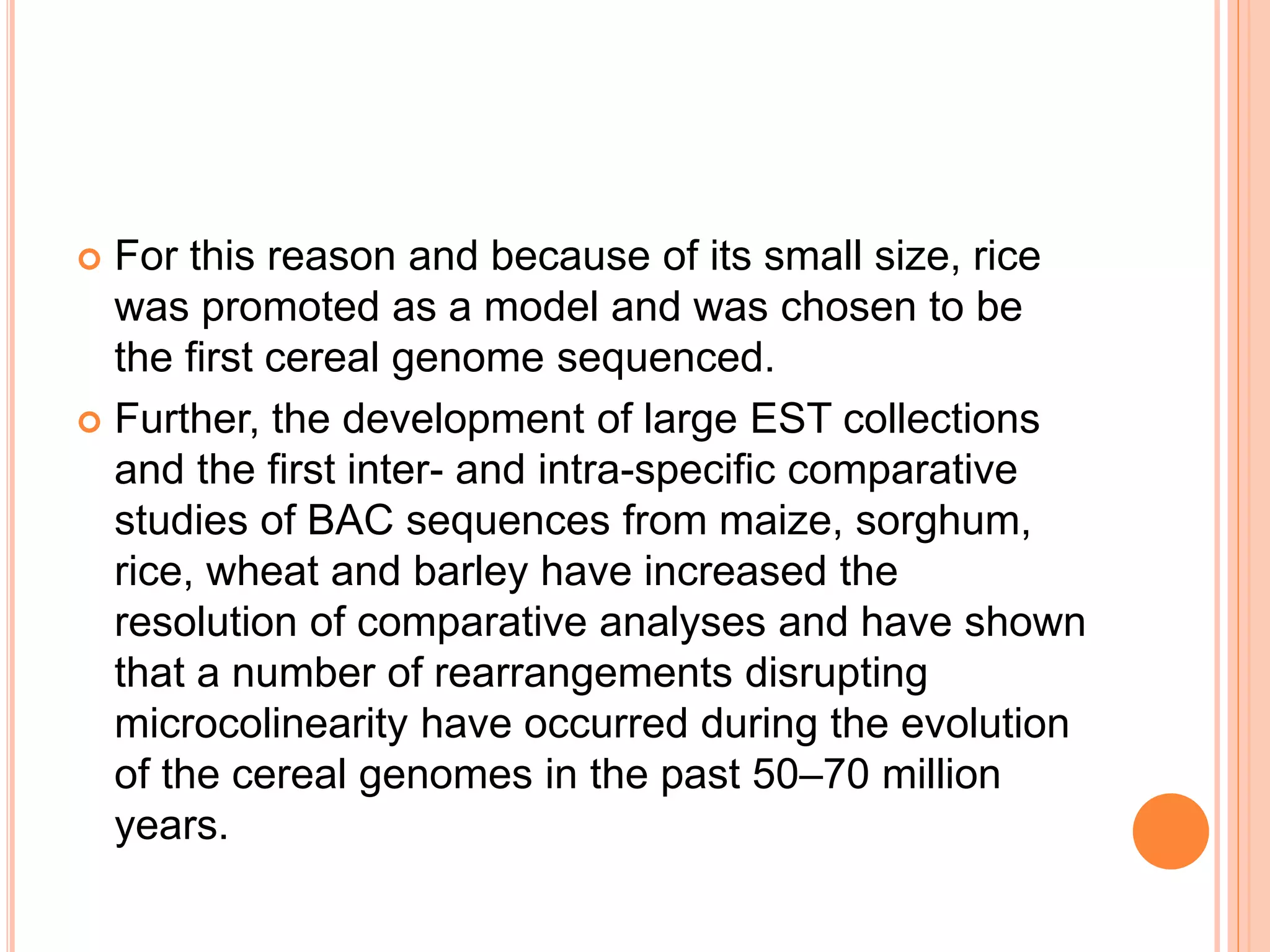  For this reason and because of its small size, rice
was promoted as a model and was chosen to be
the first cereal genome sequenced.
 Further, the development of large EST collections
and the first inter- and intra-specific comparative
studies of BAC sequences from maize, sorghum,
rice, wheat and barley have increased the
resolution of comparative analyses and have shown
that a number of rearrangements disrupting
microcolinearity have occurred during the evolution
of the cereal genomes in the past 50–70 million
years.
 