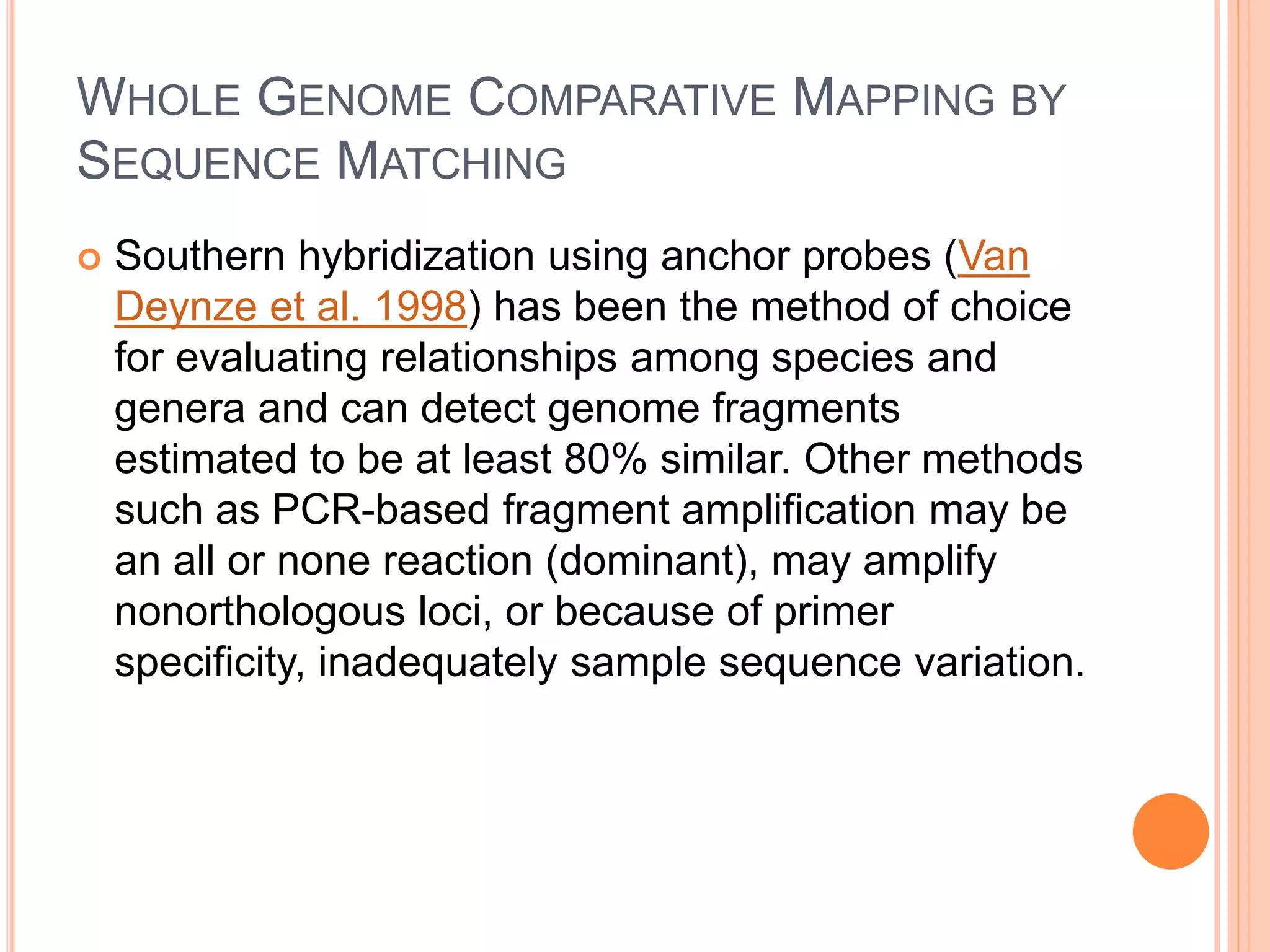 WHOLE GENOME COMPARATIVE MAPPING BY
SEQUENCE MATCHING
 Southern hybridization using anchor probes (Van
Deynze et al. 1998) has been the method of choice
for evaluating relationships among species and
genera and can detect genome fragments
estimated to be at least 80% similar. Other methods
such as PCR-based fragment amplification may be
an all or none reaction (dominant), may amplify
nonorthologous loci, or because of primer
specificity, inadequately sample sequence variation.
 