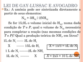 LEI DE GAY-LUSSAC E AVOGADRO
 Ex.: A amônia pode ser sintetizada diretamente a
partir de seus elementos:
N2(g) + 3H2(g)  2NH3(g)
Se for 15,0L o volume inicial do H2(g), numa dada
condição de T e P, qual o volume de N2(g) necessário
para completar a reação (nas mesmas condições de
T e P)? Qual a produção teórica de NH3, em litros?
1L de N2 ------ 3L de H2
X ------- 15L de H2 X = 15/3 = 5L de N2
1 L de N2 --------2L de NH3
5L de N2 -------- X X = 2x5 = 10 L de NH3
 