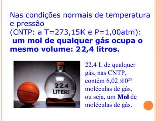 Nas condições normais de temperatura
e pressão
(CNTP: a T=273,15K e P=1,00atm):
um mol de qualquer gás ocupa o
mesmo volume: 22,4 litros.
22,4 L de qualquer
gás, nas CNTP,
contém 6,02 ×1023
moléculas de gás,
ou seja, um MolMol de
moléculas de gás.
 