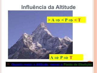 Influência da Altitude
 Quanto maior a Altitude menor o Ponto de Ebulição
> A ⇒ < P ⇒ < T
A ⇒ P ⇒ T
 