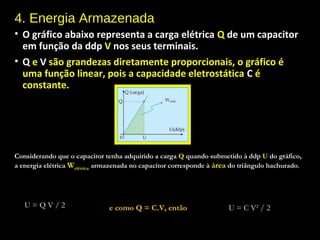4. Energia Armazenada
• O gráfico abaixo representa a carga elétrica Q de um capacitor
em função da ddp V nos seus terminais.
• Q e V são grandezas diretamente proporcionais, o gráfico é
uma função linear, pois a capacidade eletrostática C é
constante.
Considerando que o capacitor tenha adquirido a carga Q quando submetido à ddp U do gráfico,
a energia elétrica Welétrica armazenada no capacitor corresponde à área do triângulo hachurado.
e como Q = C.V, entãoU = Q V / 2 U = C V2
/ 2
 