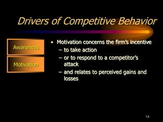 13
Motivation
Drivers of Competitive Behavior
• Motivation concerns the firm’s incentive
– to take action
– or to respond to a competitor’s
attack
– and relates to perceived gains and
losses
Awareness
 