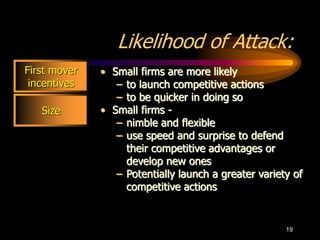 19
Size
Likelihood of Attack:
• Small firms are more likely
– to launch competitive actions
– to be quicker in doing so
• Small firms -
– nimble and flexible
– use speed and surprise to defend
their competitive advantages or
develop new ones
– Potentially launch a greater variety of
competitive actions
First mover
incentives
 