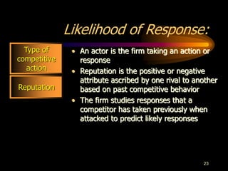 23
Reputation
Likelihood of Response:
• An actor is the firm taking an action or
response
• Reputation is the positive or negative
attribute ascribed by one rival to another
based on past competitive behavior
• The firm studies responses that a
competitor has taken previously when
attacked to predict likely responses
Type of
competitive
action
 
