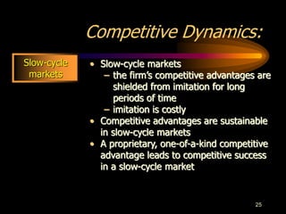 25
Competitive Dynamics:
• Slow-cycle markets
– the firm’s competitive advantages are
shielded from imitation for long
periods of time
– imitation is costly
• Competitive advantages are sustainable
in slow-cycle markets
• A proprietary, one-of-a-kind competitive
advantage leads to competitive success
in a slow-cycle market
Slow-cycle
markets
 