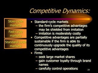 29
Competitive Dynamics:
• Standard-cycle markets
– the firm’s competitive advantages
may be shielded from imitation
– imitation is moderately costly
• Competitive advantages are partially
sustainable if the firm is able to
continuously upgrade the quality of its
competitive advantages
• Firms
– seek large market shares
– gain customer loyalty through brand
names
– carefully control operations
Slow-cycle
markets
Fast-cycle
markets
Standard-cycle
markets
 
