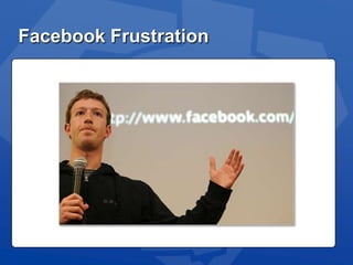 Facebook advertiser history2007 – love, open communication2007“We love Affiliate marketers”.2008 “Affiliate marketers know how to scale”. “Affiliate Marketers know How To Exploit”. “Affiliate Marketers are our worst enemy”.       “Affiliate Marketers have no direct relationship with people they are advertising to and do horrible things with the data.”Slide Title2010 – affilaites@facebook.com