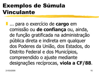 Exemplos de Súmula Vinculante ... para o exercício de  cargo  em comissão ou  de confiança  ou, ainda, de função gratificada na administração pública direta e indireta em qualquer dos Poderes da União, dos Estados, do Distrito Federal e dos Municípios, compreendido o ajuste mediante designações recíprocas,  viola a CF/88 . 
