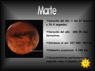 Duración del día: 1 día 37 minutos  y 26.4 segundos.  Duración del año:  686.98 días terrestres.  Distancia al sol: 227.900.   000 km.   Diámetro ecuatorial:  6.786 Km. Características particulares: e s conocido como el planeta rojo . Marte 