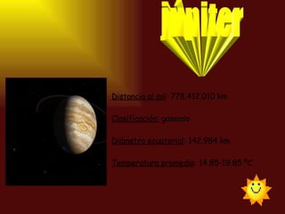 júpiter Distancia al sol : 778.412.010 km Clasificación:  gaseoso Diámetro ecuatorial : 142.984 km Temperatura promedio : 14.85-19.85 ºC   