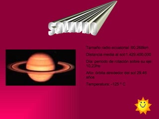 saturno Tamaño radio ecuatorial :60.268km Distancia media al sol:1.429.400.000  Día: período de rotación sobre su eje: 10,23hs Año: órbita alrededor del sol 29,46 años Temperatura: -125 º C  