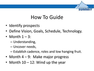 How To Guide
• Identify prospects
• Define Vision, Goals, Schedule, Technology.
• Month 1 – 3:
  – Understanding,
  – Unco...