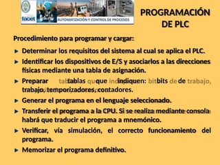 PROGRAMACIÓN
DE PLC
Procedimiento para programar y cargar:
Determinar los requisitos del sistema al cual se aplica el PLC.
Identificar los dispositivos de E/S y asociarlos a las direcciones
físicas mediante una tabla de asignación.
Preparar tablas que indiquen: bits de
trabajo, temporizadores, contadores.
Generar el programa en el lenguaje seleccionado.
Transferir el programa a la CPU. Si se realiza mediante consola
habrá que traducir el programa a mnemónico.
funcionamiento del
Verificar, vía simulación, el correcto
programa.
Memorizar el programa definitivo.
 