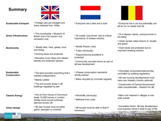 Summary Sustainable transport Green Infrastructure Biodiversity Sustainable Construction Cleaner Energy Urban design Vintage cars are indulged and trains retained from 1950s The countryside = Museum of Britain and is for tourism and recreation only Mostly deer, hare, geese, trout and sheep Hunting areas are protected Monsters (Loch Ness and related beasts) are protected species The land provides everything that’s needed (independent) Mainly castles Tea and scones areas in all buildings regulated by law Hot air from House of Commons heats 10,000 homes in London. Similar local council schemes planned across UK All new houses must be either gothic, georgian or victorian Everyone has a bike and a boat GI mostly ‘cow-driven’ due to critical importance of cheese industry Mostly friesian cows Tulips (obviously)  Clog-producing woodland is protected Community cannabis farms as part of all new development Cheese consumption standards strictly policed Bikes recycled by criminals regularly Windmills (obviously) Methane from cows All houses must be able to float if necessary Everyone has a car but potentially can all be run on waste chip fat GI is always nearby; everyone lives in the fields Urban sprawl: ideal mixture of  people and green Grain lands are protected due to important brewing industry Chocolate consumption/person/day controlled by building regulations All new housing developments must have own brewery (monks optional) Construction of Central Government ruled unsustainable – freedom for all! Main roof material in villages is now solar panels Surrealism factor: All new development must express owner’s taste & way of life 