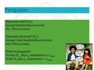 Pengujian
Hipotesis nihil (Ho):
Sampel berdistribusi normal.
(Ho: f(X)=normal)
Hipotesis alternatif (Ha):
Sampel tidak berdistribusi normal.
(Ha: f(X)≠normal)
Kriteria pengujian:
Terima Ho jika Lo maksimum ≤ Ltabel
Tolak Ho jika Lo maksimum > Ltabel
 