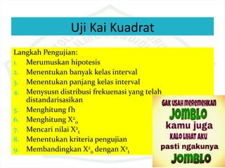 Uji Kai Kuadrat
Langkah Pengujian:
1. Merumuskan hipotesis
2. Menentukan banyak kelas interval
3. Menentukan panjang kelas interval
4. Menysusn distribusi frekuenasi yang telah
distandarisasikan
5. Menghitung fh
6. Menghitung X2
o
7. Mencari nilai X2
t
8. Menentukan kriteria pengujian
9. Membandingkan X2
o dengan X2
t
 