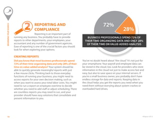 ©Paycor 201310
REPORTING AND
COMPLIANCE
Reporting is an important part of
running any business. You probably have to provide
reports to other departments, your employees, your
accountant and any number of government agencies.
Ease of reporting is one of the crucial factors you should
look for when exploring your options.
CREATING REPORTS
Did you know that most business professionals spend
72% of their time organizing data and only 28% of their
time on value-added analysis? Your system should be
able to quickly generate meaningful reports with just
a few mouse clicks. Thinking back to those everyday
functions of running your business, you might need to
access reports for your own decision making, such as
when you want to assess your total labor costs. You might
need to run a report on employee overtime to decide
whether you need to add staff or adjust scheduling. There
are countless reports you may need to run, and your
provider should have easy solutions that consolidate and
present information to you.
You’ve no doubt heard about“the cloud.”It’s not just for
your smartphone. Your payroll and employee data can
be stored in the cloud, too. Look for providers who store
information in the cloud not just to make access fast and
easy, but also to save space on your internal servers. If
you’re a small business owner, you probably don’t have
endless storage for data and reports. Keeping data in
the cloud helps you get the reports you need when you
need them without worrying about system crashes or
overloaded hard drives.
22
BUSINESS PROFESSIONALS SPEND 72% OF
THEIR TIME ORGANIZING DATA AND ONLY 28%
OF THEIR TIME ON VALUE-ADDED ANALYSIS
72%
28%
BEGINNINGYOURSEARCH
 