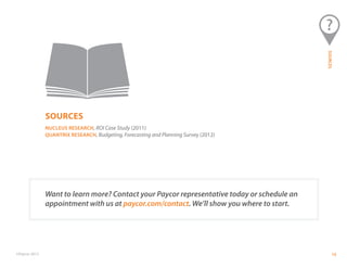 ©Paycor 2013 1515
SOURCES
NUCLEUS RESEARCH, ROI Case Study (2011)
QUANTRIX RESEARCH, Budgeting, Forecasting and Planning Survey (2012)
Want to learn more? Contact your Paycor representative today or schedule an
appointment with us at paycor.com/contact. We’ll show you where to start.
SOURCES
 