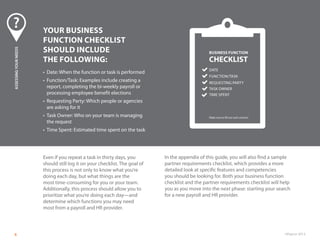 ©Paycor 20136
YOUR BUSINESS
FUNCTION CHECKLIST
SHOULD INCLUDE
THE FOLLOWING:
•	 Date: When the function or task is performed
•	 Function/Task: Examples include creating a
report, completing the bi-weekly payroll or
processing employee benefit elections
•	 Requesting Party: Which people or agencies
are asking for it
•	 Task Owner: Who on your team is managing
the request
•	 Time Spent: Estimated time spent on the task
Even if you repeat a task in thirty days, you
should still log it on your checklist. The goal of
this process is not only to know what you’re
doing each day, but what things are the
most time-consuming for you or your team.
Additionally, this process should allow you to
prioritize what you’re doing each day—and
determine which functions you may need
most from a payroll and HR provider.
DATE
BUSINESS FUNCTION
CHECKLIST
Make sure to fill out each section!
FUNCTION/TASK
REQUESTING PARTY
TASK OWNER
TIME SPENT
In the appendix of this guide, you will also find a sample
partner requirements checklist, which provides a more
detailed look at specific features and competencies
you should be looking for. Both your business function
checklist and the partner requirements checklist will help
you as you move into the next phase: starting your search
for a new payroll and HR provider.
ASSESSINGYOURNEEDS
 