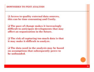 DOWNSIDES TO PEST ANALYSIS
Access to quality external data sources,
this can be time consuming and Costly.
The pace of change makes it increasingly
difficult to anticipate developments that may
affect an organization in the future.
15
The risk of capturing too much data is that
it may make it difficult to analyze.
The data used in the analysis may be based
on assumptions that subsequently prove to
be unfounded.
 