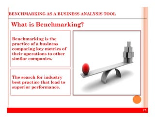BENCHMARKING AS A BUSINESS ANALYSIS TOOL
What is Benchmarking?
Benchmarking is the
practice of a business
comparing key metrics of
their operations to other
similar companies.
17
similar companies.
The search for industry
best practice that lead to
superior performance.
 