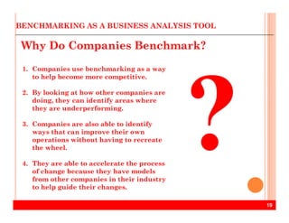 BENCHMARKING AS A BUSINESS ANALYSIS TOOL
Why Do Companies Benchmark?
1. Companies use benchmarking as a way
to help become more competitive.
2. By looking at how other companies are
doing, they can identify areas where
they are underperforming.
19
they are underperforming.
3. Companies are also able to identify
ways that can improve their own
operations without having to recreate
the wheel.
4. They are able to accelerate the process
of change because they have models
from other companies in their industry
to help guide their changes.
 