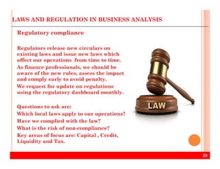 LAWS AND REGULATION IN BUSINESS ANALYSIS
Regulatory compliance
Regulators release new circulars on
existing laws and issue new laws which
affect our operations from time to time.
As finance professionals, we should be
aware of the new rules, assess the impact
and comply early to avoid penalty.
We request for update on regulations
23
We request for update on regulations
using the regulatory dashboard monthly.
Questions to ask are:
Which local laws apply to our operations?
Have we complied with the law?
What is the risk of non-compliance?
Key areas of focus are: Capital , Credit,
Liquidity and Tax.
 