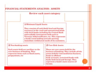 FINANCIAL STATEMENTS ANALYSIS: ASSETS
Minimum Liquid Assets
They consists of cash (both local and foreign
currency) in the vault and unrestricted funds
with local banks including the Central Bank
and tradable instruments held such as
Treasury bills/certificates, etc. This represents
Review each asset category
29
Core Risk Assets:
These are core assets held for the
business of banking. They include all the
assets held for intermediation business,
funds in offshore
bank accounts, restricted funds with
banks both local and foreign. They
represent a bank’s main sources of
income.
Treasury bills/certificates, etc. This represents
a bank’s total holding towards meeting
immediate withdrawal needs of its customers.
Non-banking assets
Such assets held are ancillary to the
core business of banking. They
represent items such as fixed assets,
prepayments, etc
 