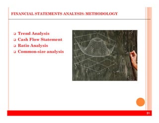 Trend Analysis
Cash Flow Statement
Ratio Analysis
Common-size analysis
FINANCIAL STATEMENTS ANALYSIS: METHODOLOGY
31
 