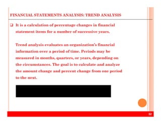 It is a calculation of percentage changes in financial
statement items for a number of successive years.
Trend analysis evaluates an organization’s financial
information over a period of time. Periods may be
measured in months, quarters, or years, depending on
FINANCIAL STATEMENTS ANALYSIS: TREND ANALYSIS
32
the circumstances. The goal is to calculate and analyze
the amount change and percent change from one period
to the next.
Amount 2010
Amount
2009
Amount
Change
Percent
Change
Operating income $8,449 $8,231 $218 3%
 