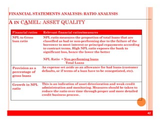 A IN CAMEL: ASSET QUALITY
Financial ratios Relevant financial ratios/measures
NPL to Gross
loan ratio
NPL ratio measures the proportion of total loans that are
classified as bad or non-performing due to the failure of the
borrower to meet interest or principal repayments according
to contract terms. High NPL ratio exposes the bank to
significant loss, hence the lower the better
NPL Ratio = Non performing loans
Total Loans
FINANCIAL STATEMENTS ANALYSIS: RATIO ANALYSIS
42
Total Loans
Provision as a
percentage of
gross loans
An expense set aside as an allowance for bad loans (customer
defaults, or if terms of a loan have to be renegotiated, etc).
Growth in NPL
ratio
This is an indication of asset deterioration and weak credit
administration and monitoring. Measures should be taken to
reduce the ratio over time through proper and more detailed
credit business process .
 