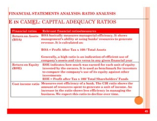E IN CAMEL: CAPITAL ADEQUACY RATIOS
FINANCIAL STATEMENTS ANALYSIS: RATIO ANALYSIS
Financial ratios Relevant financial ratios/measures
Return on Assets
(ROA)
ROA basically measures managerial efficiency. It shows
management’s ability at using banks’ resources to generate
revenue. It is calculated as:
ROA = Profit After Tax x 100 / Total Assets
Generally, a high ratio is an indication of efficient use of
company’s assets and vice versa in any given financial year
45
company’s assets and vice versa in any given financial year
Return on Equity
(ROE)
ROE indicates how much was earned for each unit of equity
invested by the owners. It is used as benchmark for investors
to compare the company‘s use of its equity against other
investments
ROE = Profit after Tax x 100/ Total Shareholders’ Funds
Cost income ratio Measures cost efficiency of a bank. The CIR ratio shows the
amount of resources spent to generate a unit of income. An
increase in the ratio shows less efficiency in managing the
business. We expect this ratio to decline over time.
 