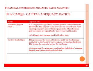 Ratio Implications
Dividend payout
ratio
It is the percentage of net income paid to shareholders in
dividends. The payout ratio provides an idea of how well
earnings support the dividend payments. Shareholders
and investors are specifically interested in this ratio
= dividends /net income or (Profit after tax)
E IN CAMEL: CAPITAL ADEQUACY RATIOS
FINANCIAL STATEMENTS ANALYSIS: RATIO ANALYSIS
46
= dividends /net income or (Profit after tax)
Cost of funds Ratio This measures the costs of interest paid for funds made
available to the bank in carrying out its lending business.
The lower the rate the better for the bank.
= interest and fee expenses on funding liabilities / average
deposit and other funding liabilities
 