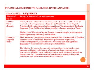 L IN CAMEL: LIQUIDITY
Financial
ratios
Relevant financial ratios/measures
LCD to
Total
deposit
The LCD ratio shows how much deposit a bank has in the form of
current and saving account deposits (CASA) in the total deposit.
A higher LCD ratio means higher portion of the deposits of the bank
has come from CASA, which is generally a cheaper source of fund.
Higher the CASA ratio, better the net interest margin, which means
better operating efficiency of the bank.
FINANCIAL STATEMENTS ANALYSIS: RATIO ANALYSIS
48
Loans to
Deposit
Ratio
LDR measures the percentage of deposits that is employed in funding
the risk asset of the bank. Interested parties are regulators,
creditors/depositors, shareholders, investors and management.
L/D ratio = loans and advances/deposit liabilities
The higher the ratio, the more depositors/short term lenders are
exposed to higher risk in case of default on loan repayment by
borrowers. A higher ratio indicates that a bank is loaned up and its
liquidity is low. The ratio can be compared to industry ratios to
determine the short term viability of the bank.
 