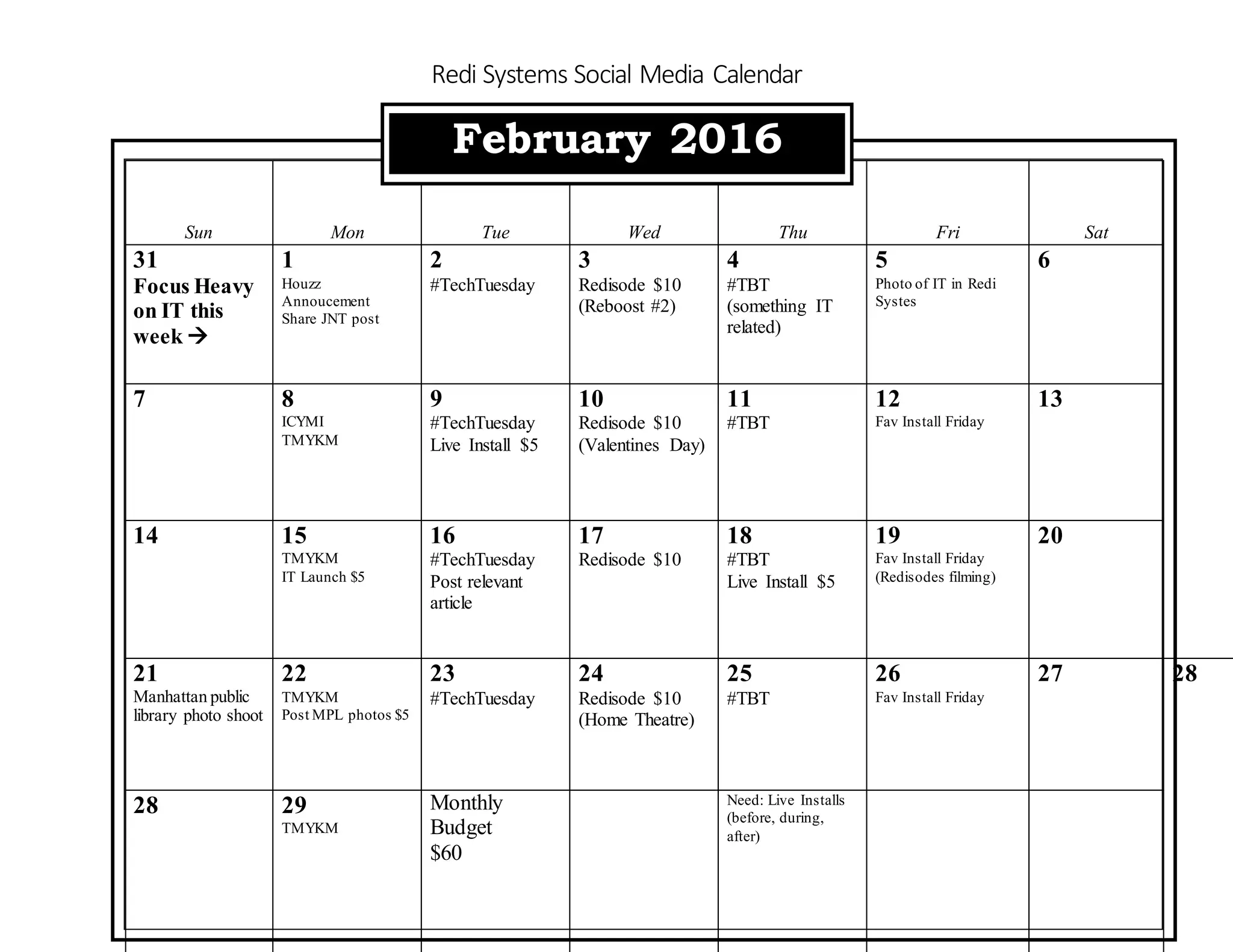 Redi Systems Social Media Calendar Feb. 2016 PPT