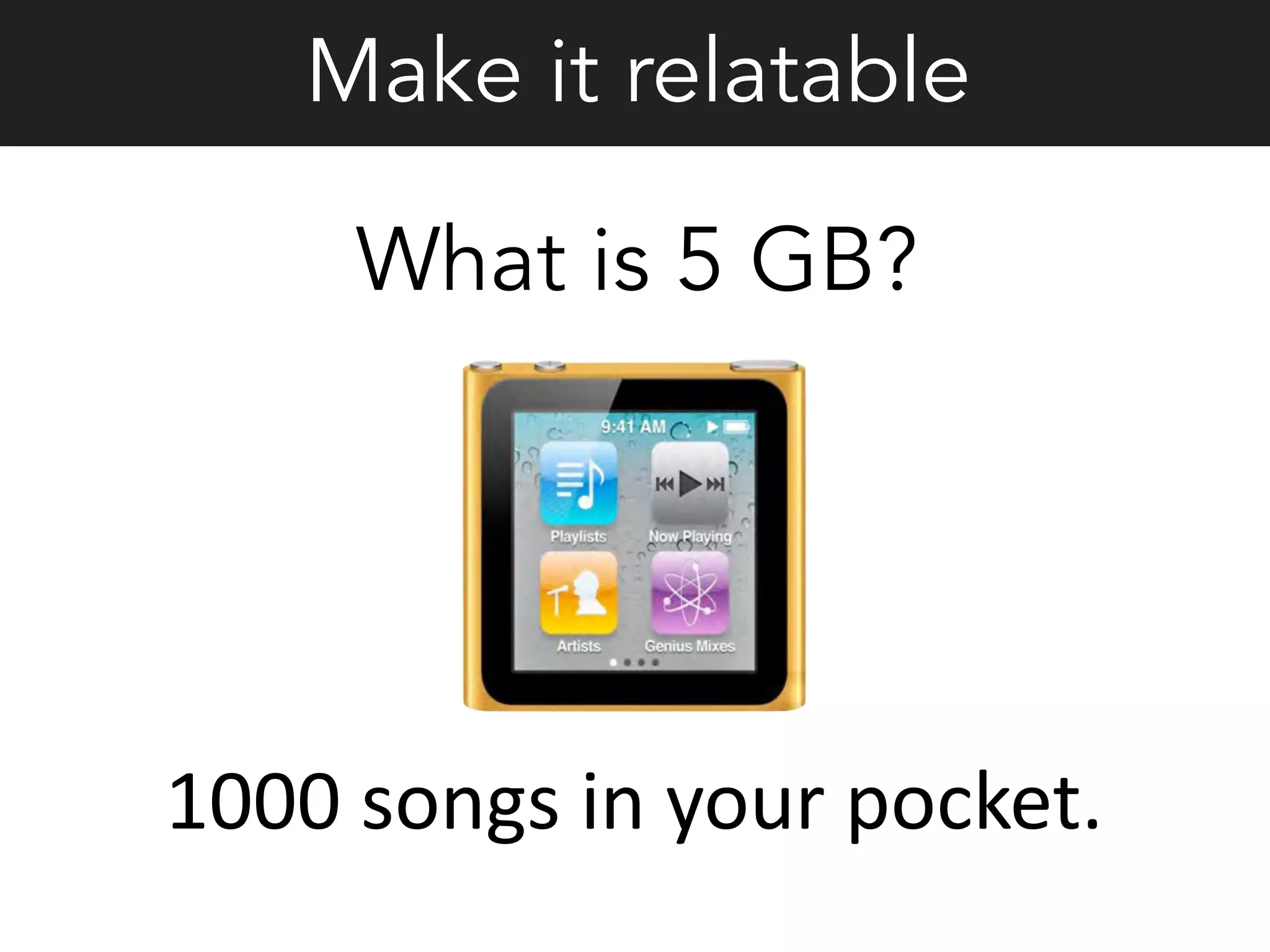 1000	
  songs	
  in	
  your	
  pocket.
Make it relatable
What is 5 GB?
 