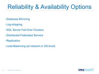 20 IMS Health Confidential
Reliability & Availability Options
• Database Mirroring
• Log-shipping
• SQL Server Fail-Over Clusters
• Distributed Federated Servers
• Replication
• Load-Balancing (at network or OS level)
 