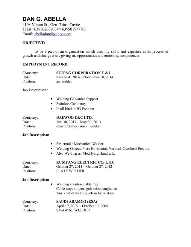 dan g abella new resume 1 1 new structural welder job description