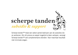 subsidie & support
Scherpe tanden™ helpt een select aantal bedrijven aan de subsidies die
ze verdienen. Om dit proces zo soepel mogelijk te laten verlopen, verzorgt
Scherpe tanden™ ook complementaire diensten. Voor maximaal resultaat
met minimale zorgen.
 